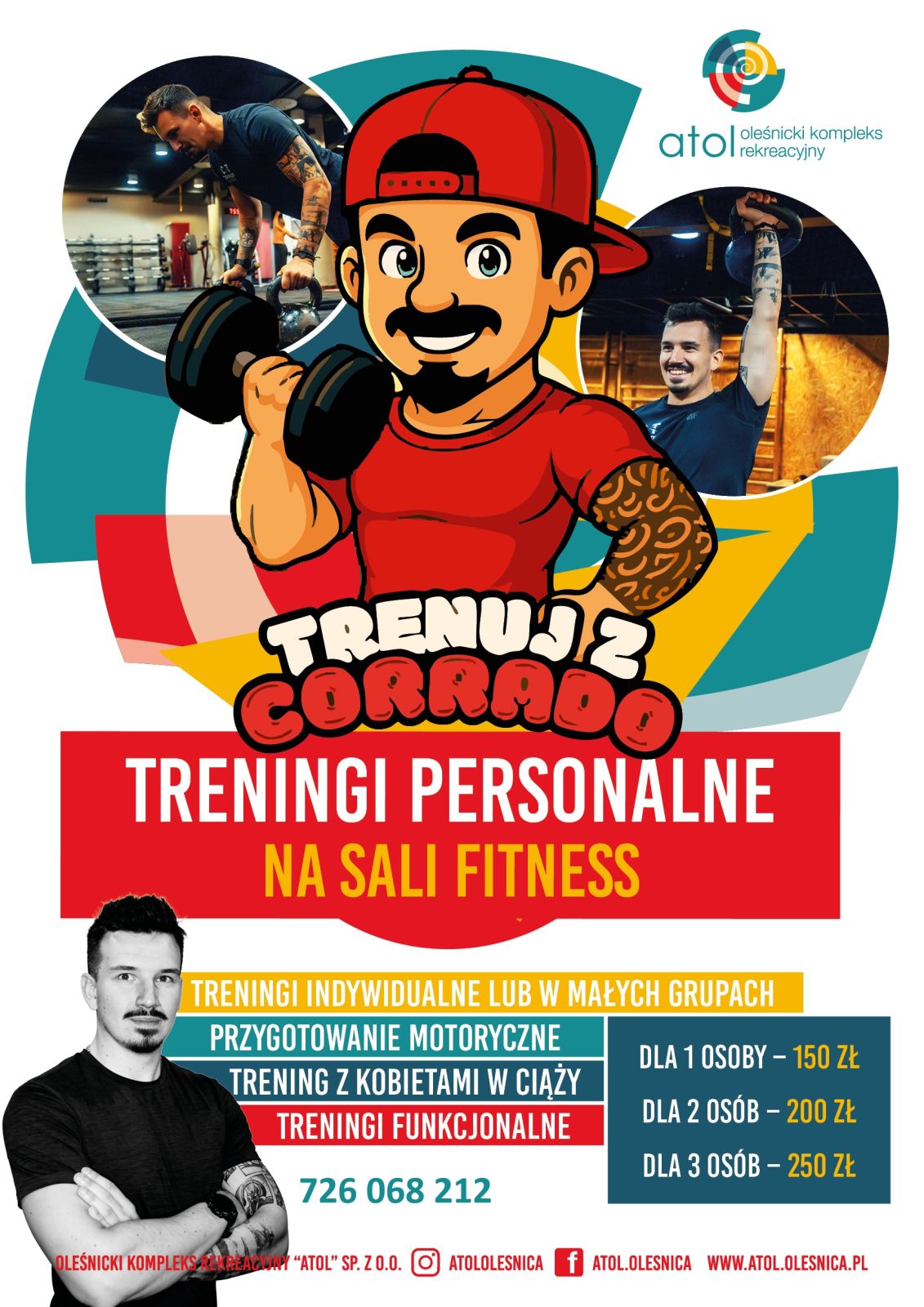 Plakat promujący treningi persolnalne na sali fitness przy ul spacerowej w oleśnicy z trenerem personalnum 